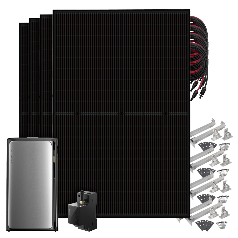 Setansicht: 4 Solarmodule, EcoFlow All-in-One Speicher System, 4 MC4-Kabel, Stromzähler und Flachdach-Montageset Setansicht: 4 Solarmodule, EcoFlow All-in-One Speicher System, 4 MC4-Kabel, Stromzähler und Flachdach-Montageset