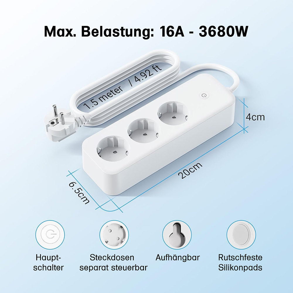 Offgridtec Smarte 3-fach Steckdosenleiste mit Smart Life- oder Tuya-App 1,8m Kabel