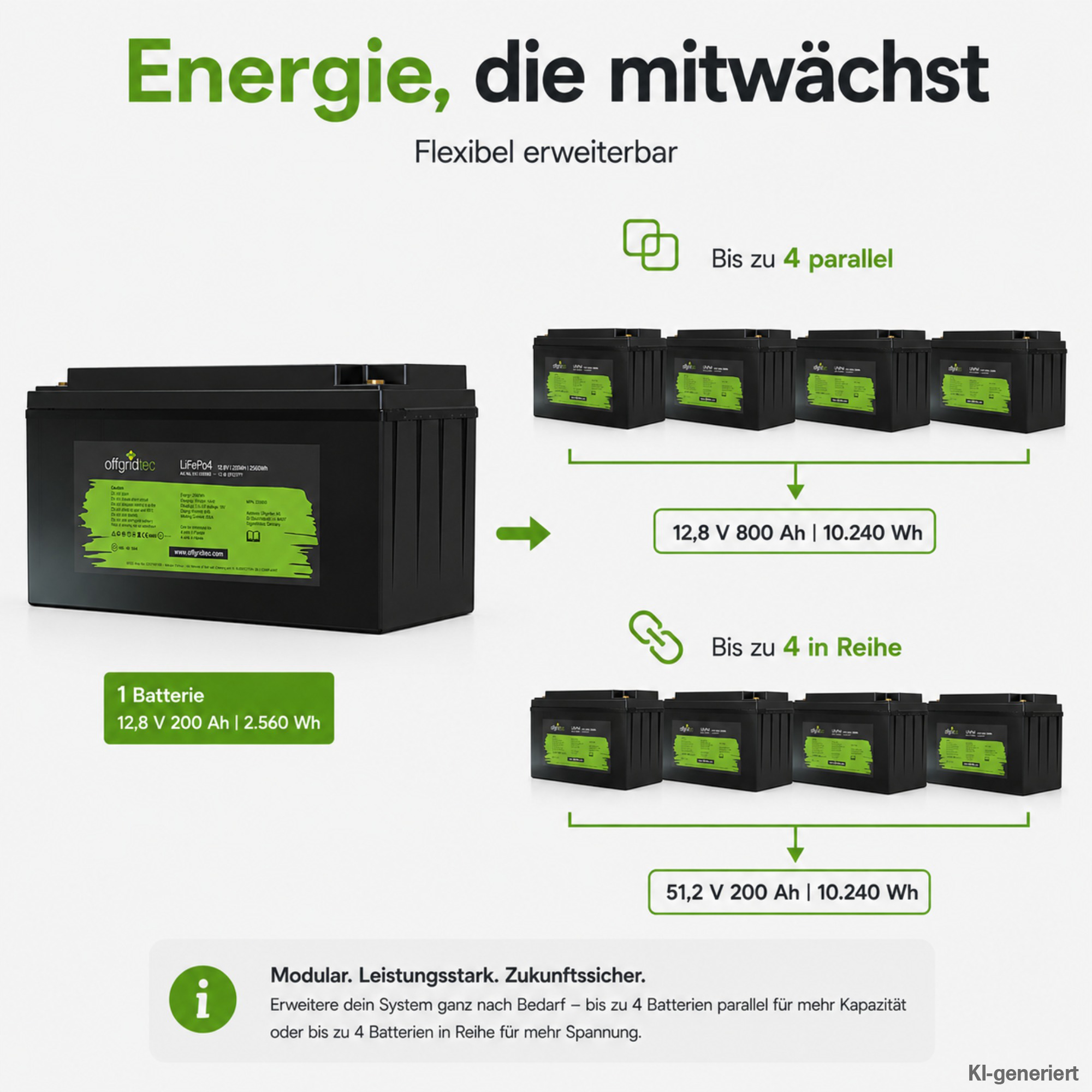 schwarze Offgridtec LiFePO4 Batterie 12V 200Ah Erweiterungsmöglichkeiten parallel und in Reihe