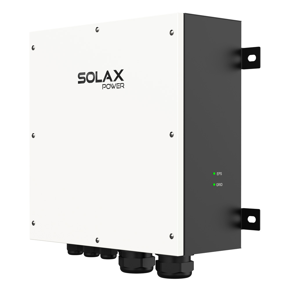 Schrägansicht von rechts: Solax X3-PBOX-300kW-G2 mit Montagehalterungen & Kabelverschraubungen und LED-Anzeige