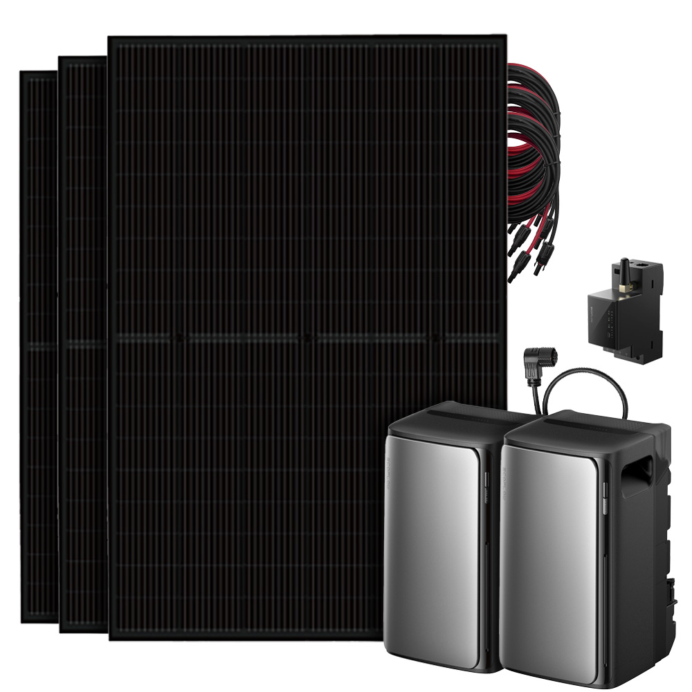 Setansicht: 3 Solarmodule, EcoFlow Stream Pro All-in-One System, AC Pro Batterie, Smart Meter, Kabeln und Flachdach-Montageset