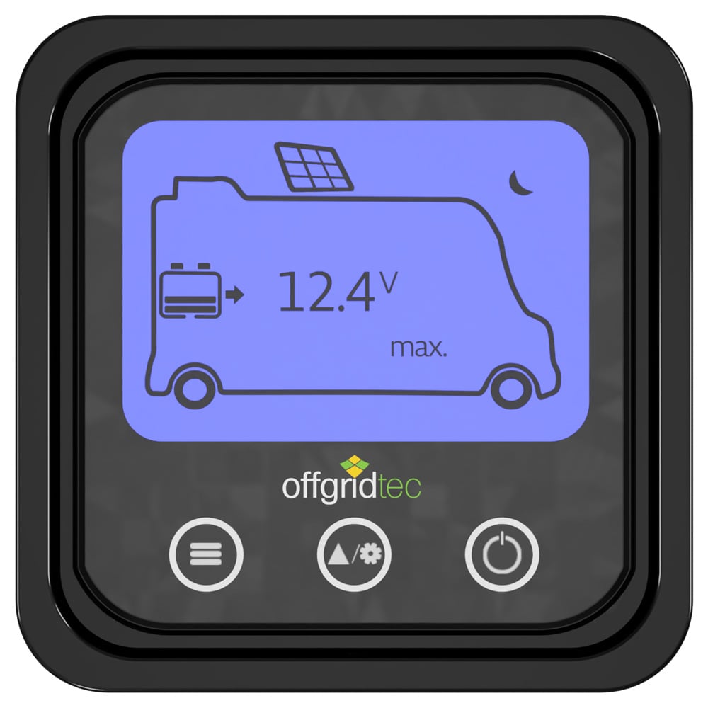 Frontansicht des Offgridtec Fernanzeige-Displays für MPPT Pro Duo Laderegler mit Spannungsanzeige und Bedienknöpfen