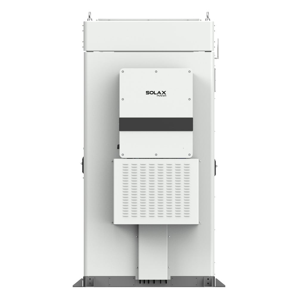 Seitenansicht rechts: AELIO-B200 Energy Storage mit großem Lüftungsgitter unten und SolaX-Modulgehäuse im oberen Bereich