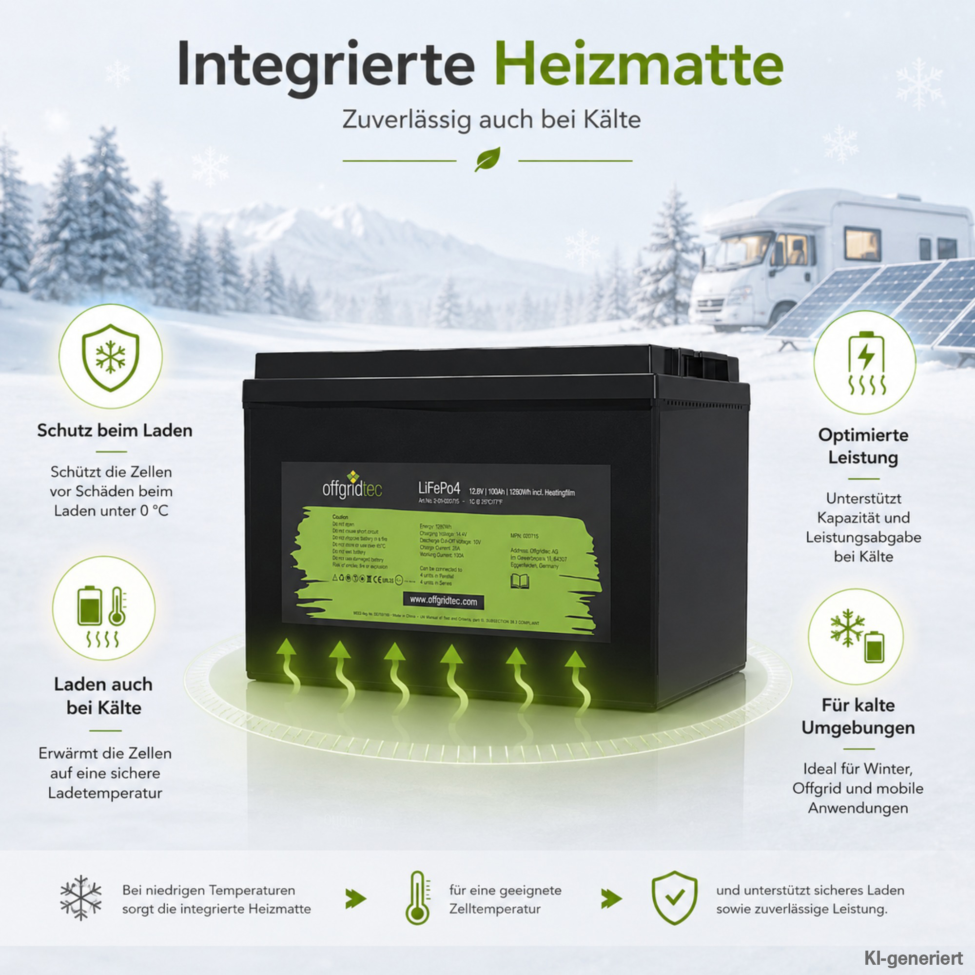 schwarze Offgridtec LiFePO4 Batterie 12V 100Ah mit Heizmatte Eigenschaften der integrierten Heizmatte
