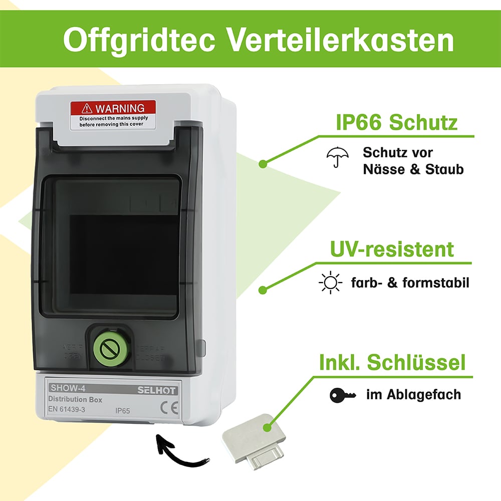 Infografik: Verteilerkasten 4 TE: IP66 Schutz, UV-Resistenz, Inklusive Schlüssel in herausnehmbarem Schubfach