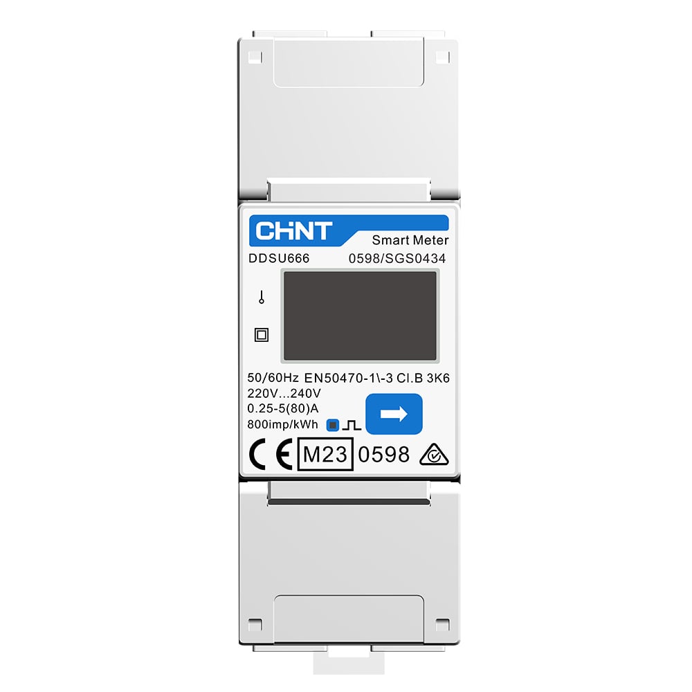 Frontansicht: Solax Chint DDSU666 Smart Meter, 1-phasiger Stromzähler, LCD-Display, 220-240 Volt, maximal 80A