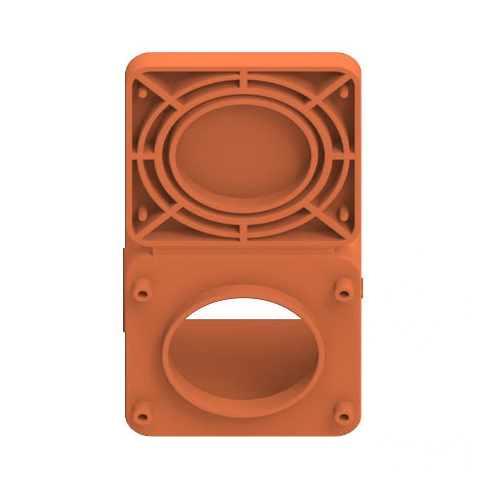 Frontansicht Orange Schutzhülle für myStrom Switch Protect Steckdose mit geöffneter Klappe
