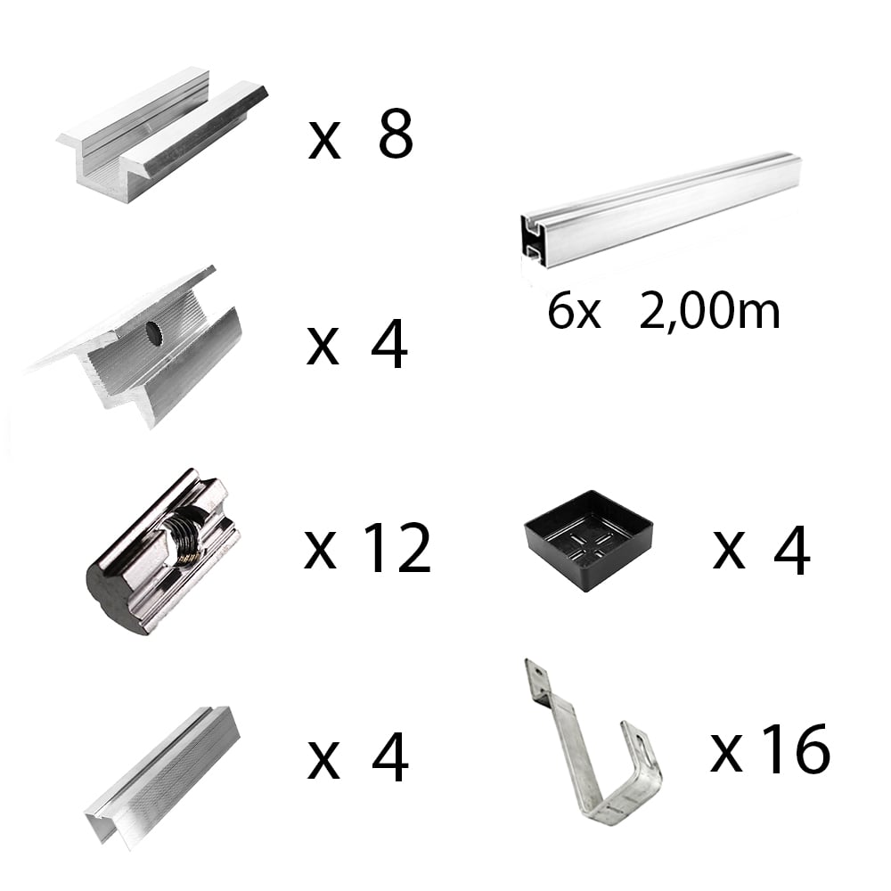 Kit de fixation avec crochets de toit en queue de castor pour montage sur toit incliné 5 panneaux solaires hauteur de cadre 35mm