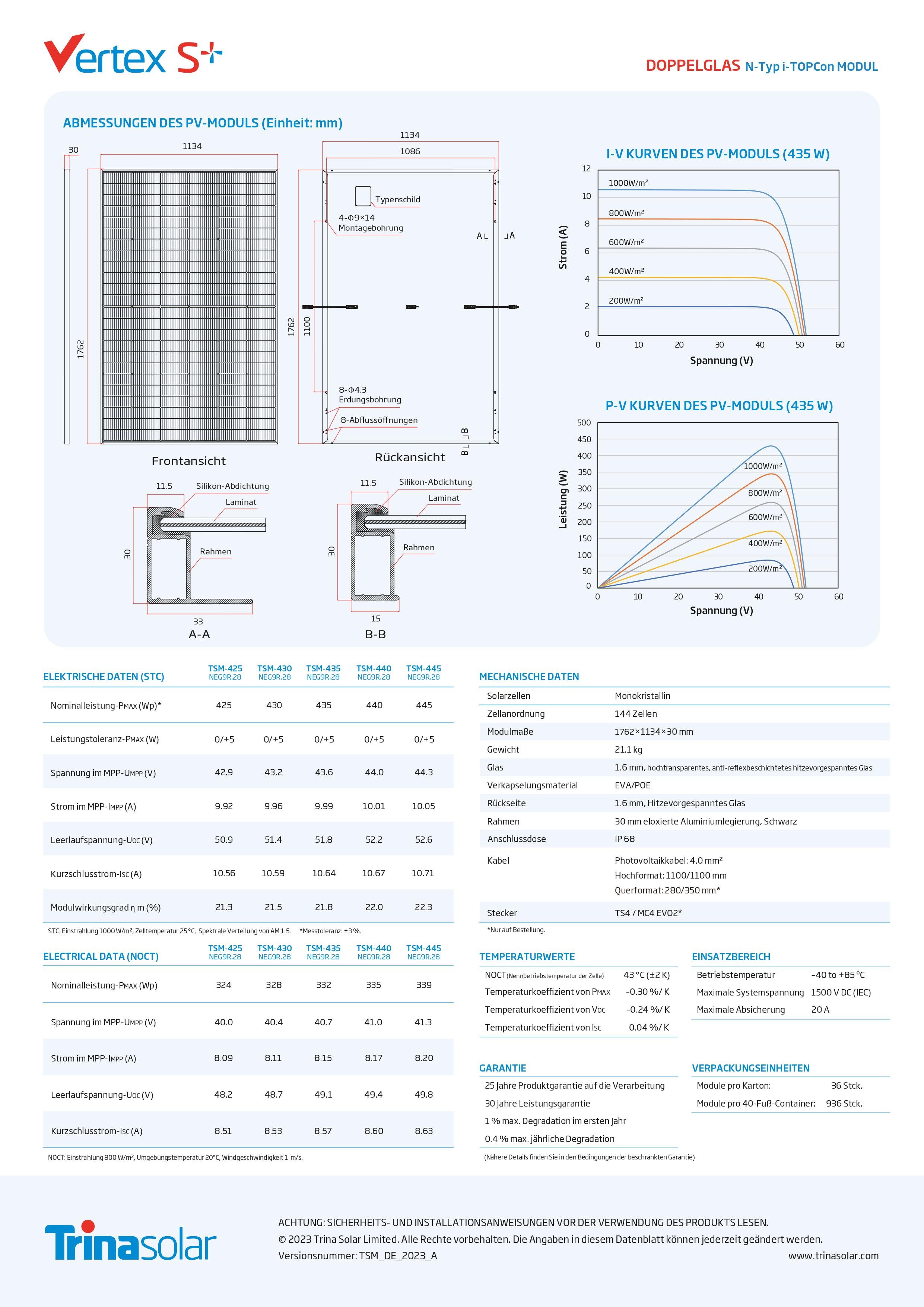Datenblatt Seite 2 des Trina Solar 445W Vertex S+ Dual-Glas N-Type TopCon Solarmoduls; auch in den Downloads zu finden