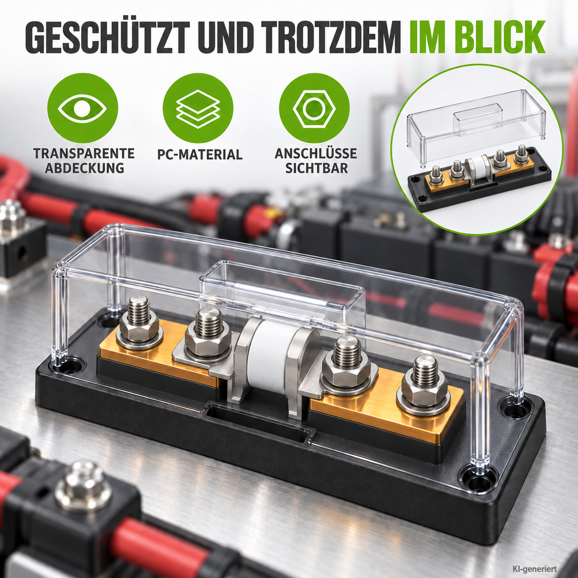 Class-T Sicherungshalter bis 400A auf grauem Untergrund mit technischen Daten