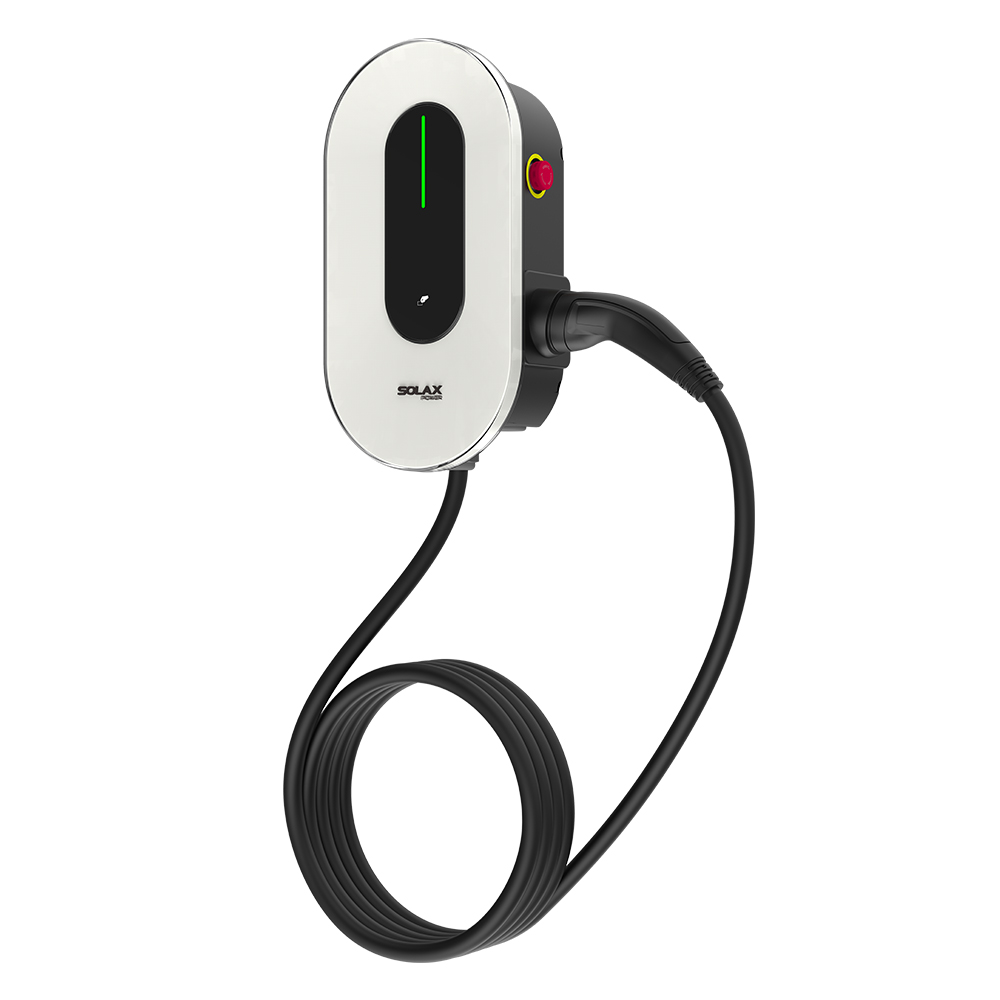 Wallbox in weiß und schwarz mit Kabel und sichtbaren Anschlüssen
