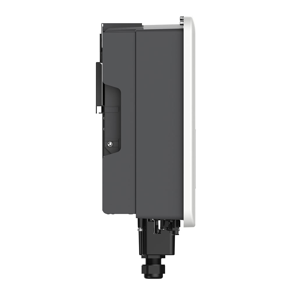 Seitenansicht links: Solax X3-Pro-12K-G2 Inverter, weiß-schwarz mit Logo, Bedienfeld, Display und Anschlüssen