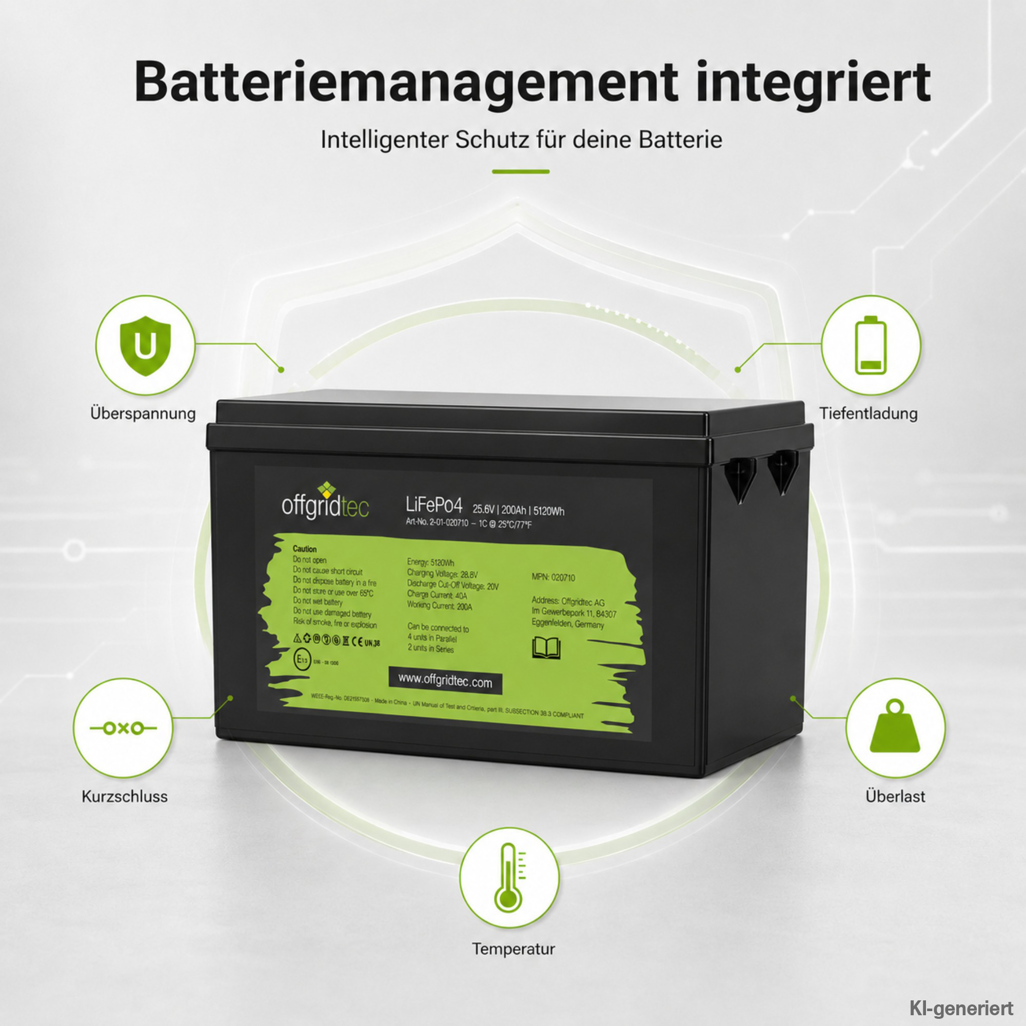 schwarze Offgridtec LiFePO4 Batterie 24V 200Ah integriertes Batteriemanagement
