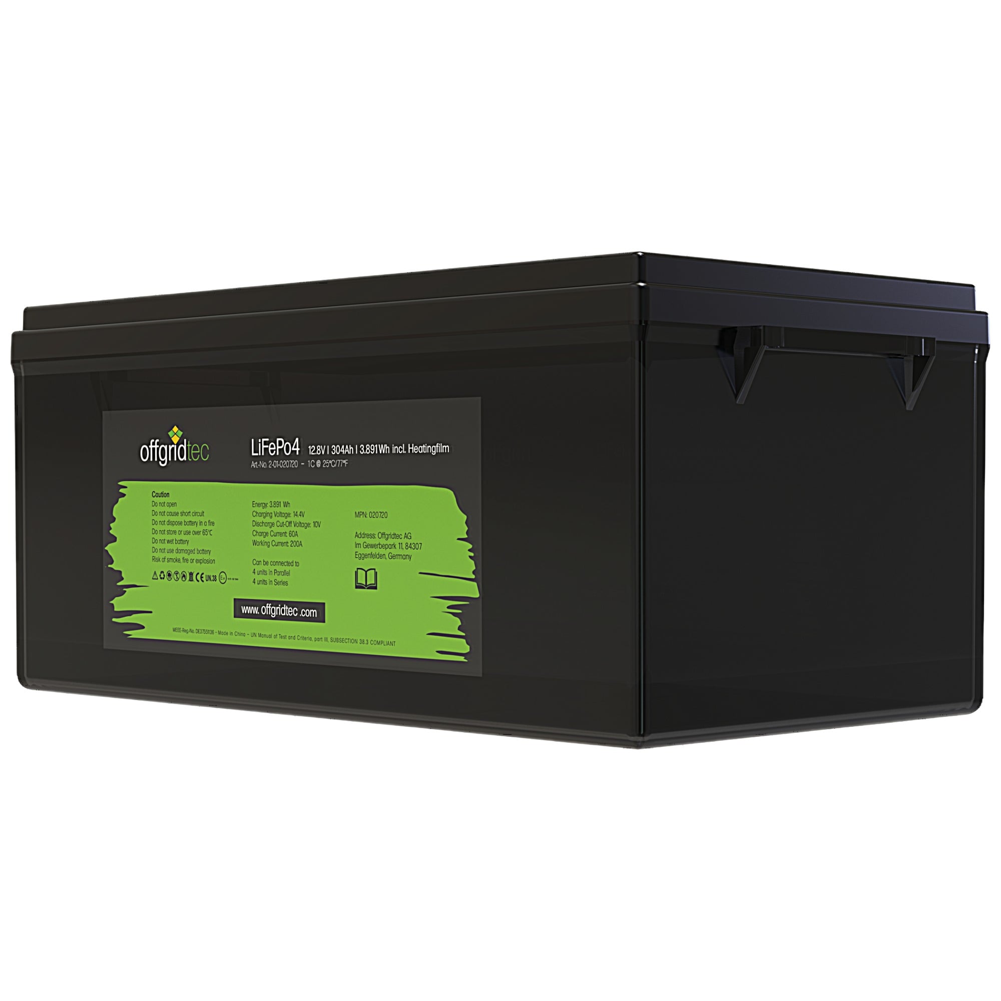 schwarze Offgridtec LiFePO4 Batterie 12V 304Ah mit Heizmatte schräge Frontansicht rechts