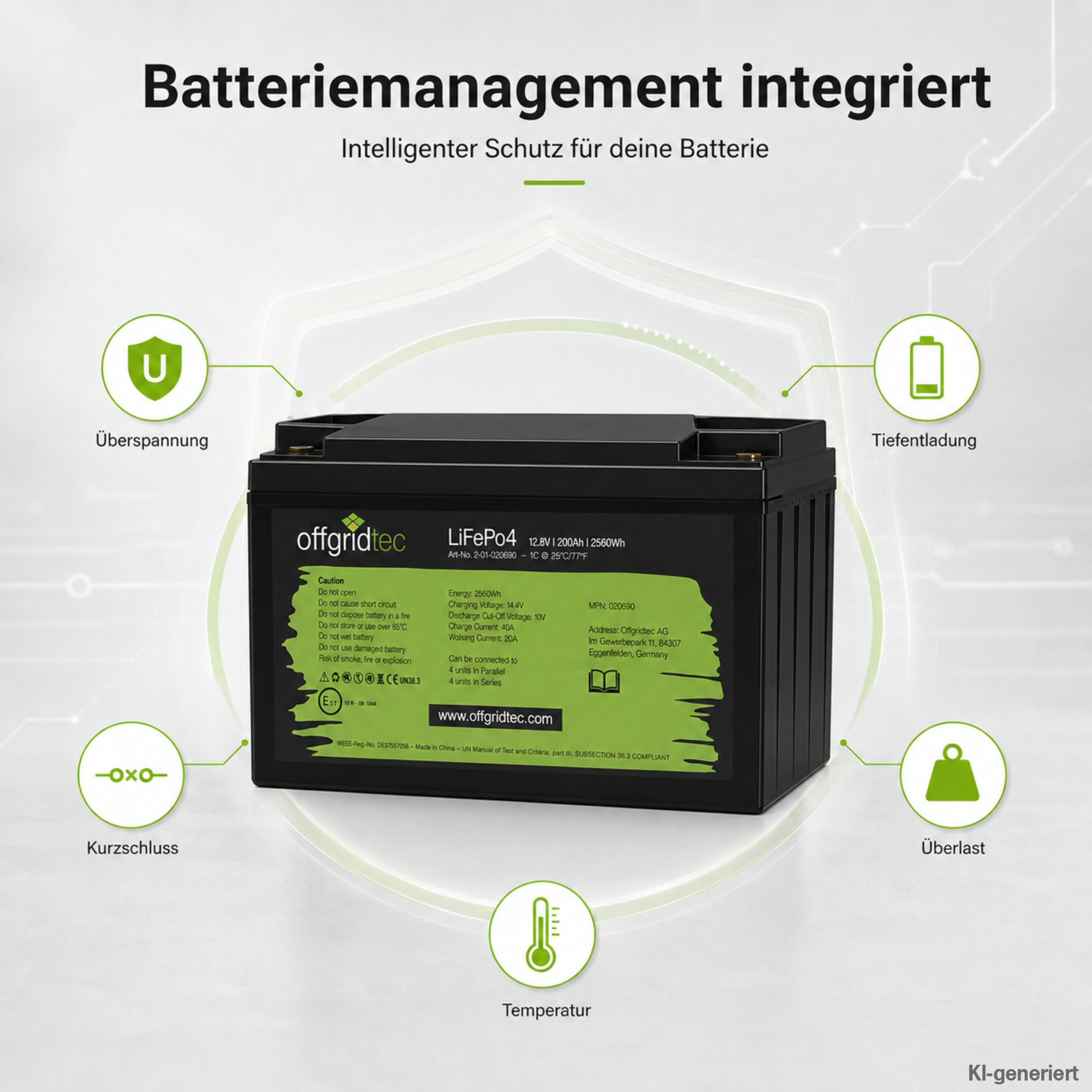 schwarze Offgridtec LiFePO4 Batterie 12V 200Ah integriertes Batteriemanagement