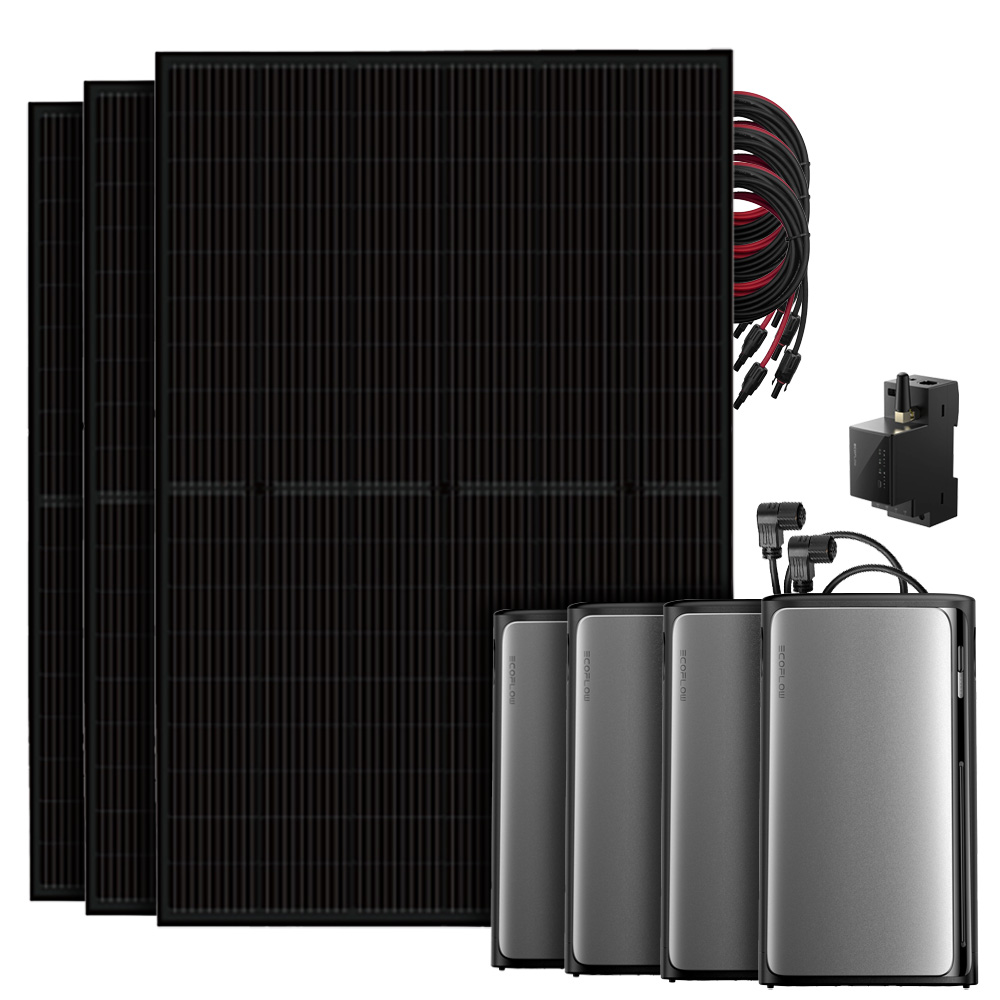 Setansicht: 3 Solarmodule, EcoFlow Stream Pro All-in-1 System, 3 AC Pro Batterien, Smart Meter und Kabel