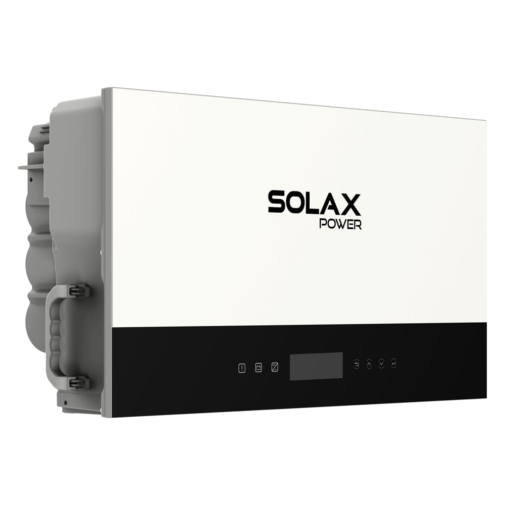 Schrägansicht von links: weißer Solax X3-IES-4K Inverter, schwarzes Bedienfeld, Display und Solax Logo; Griff links