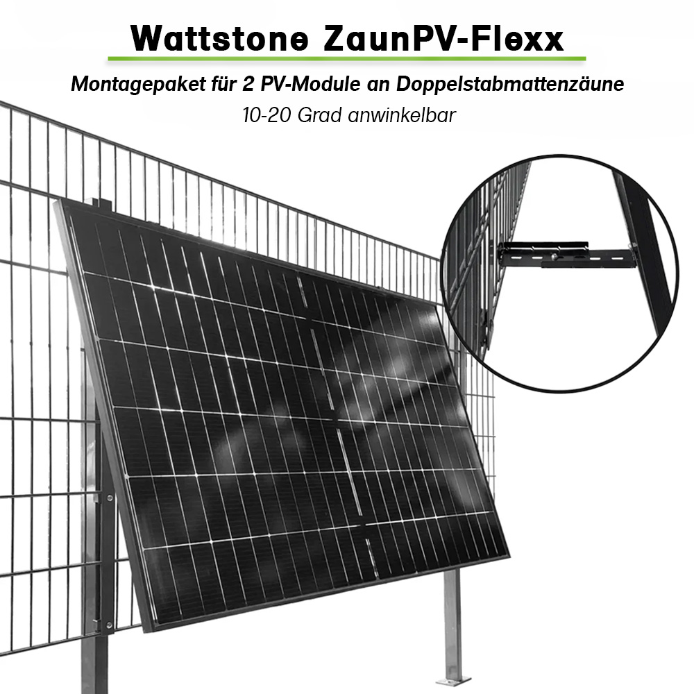 montiertes PV-Modul an Zaun mit Detailansicht Winkeleinstellung