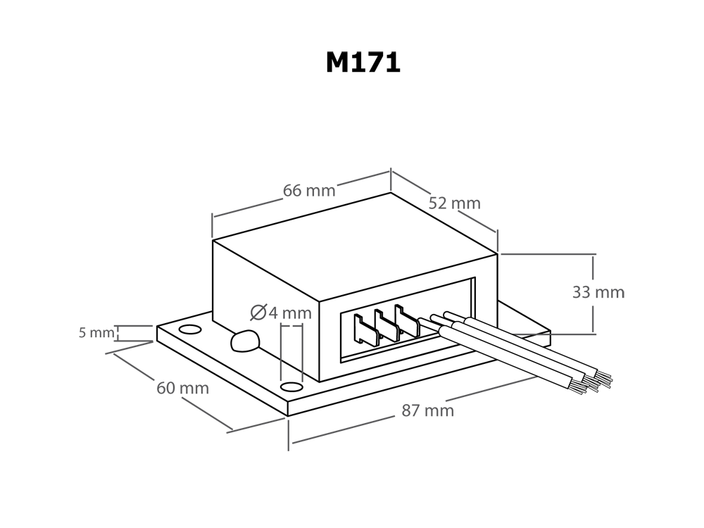 Zeichnung des Kemo PWM Leistungsreglers (M171) mit Abmessungen: 87x33x60mm