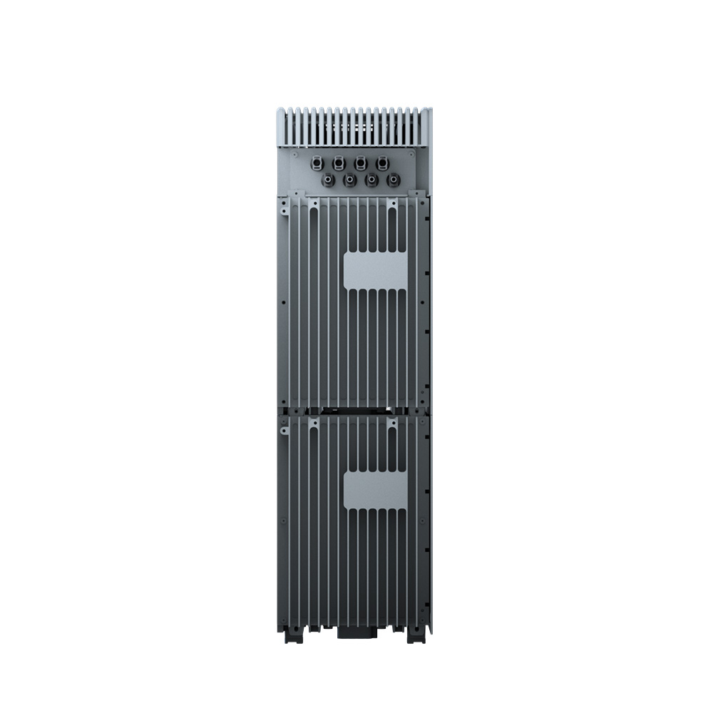 Hoymiles HiBattery HB-4020-X Energiespeicher seitlich mit angebrachtem Erweiterungsakku in grauem Gehäuse mit Kühlrippen und Anschlussbuchsen oben
