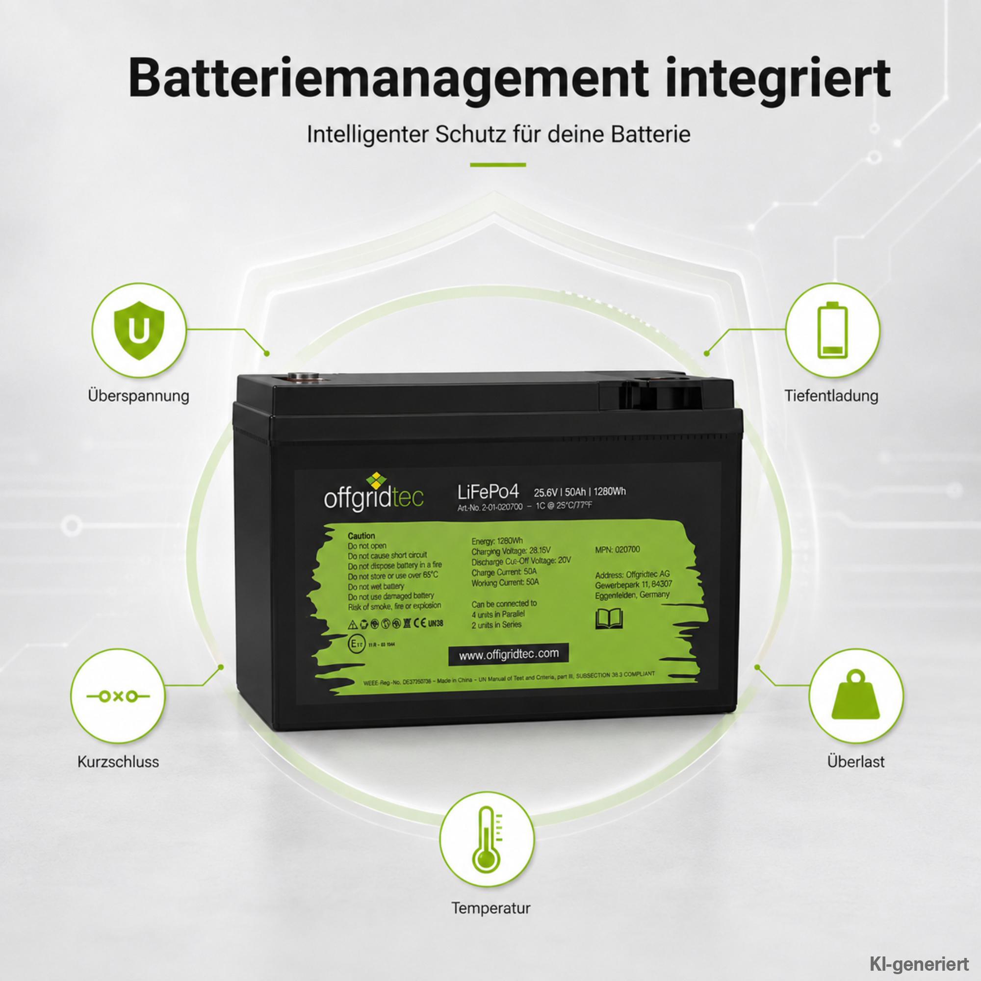 schwarze Offgridtec LiFePO4 Batterie 24V 50Ah integriertes Batteriemanagement