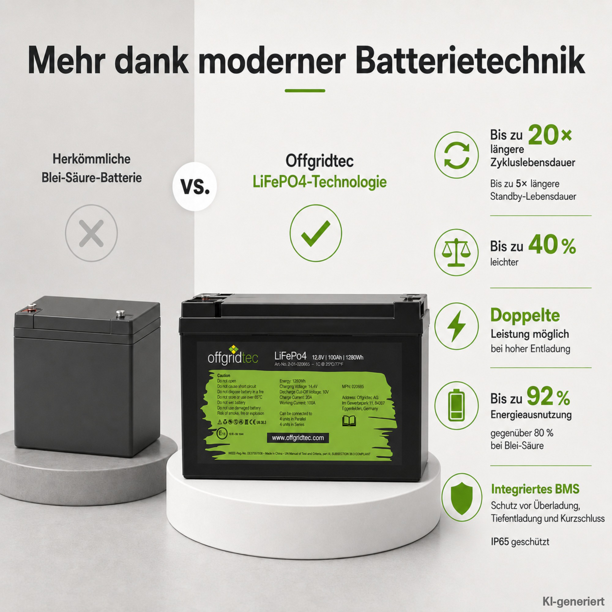 schwarze Offgridtec LiFePO4 Batterie 12V 100Ah Vergleich mit Blei-Säure-Akku