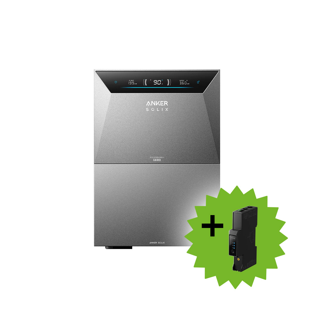 Anker Solix 4 Solarbank E5000 Pro mit einem Erweiterungsakku BP5000 und einem Smart Meter Gen 2 dreiphasig als Produktabbildung vor weißem Hintergrund