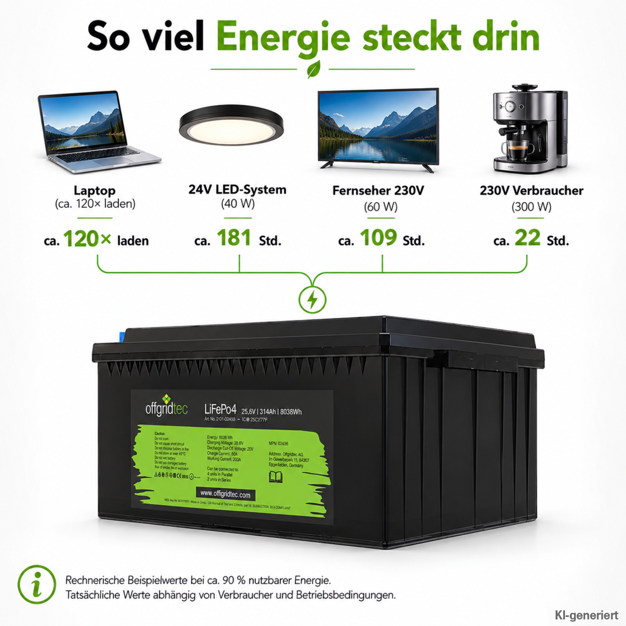 schwarze Offgridtec LiFePO4 Batterie 24V 314Ah Energieberechnung
