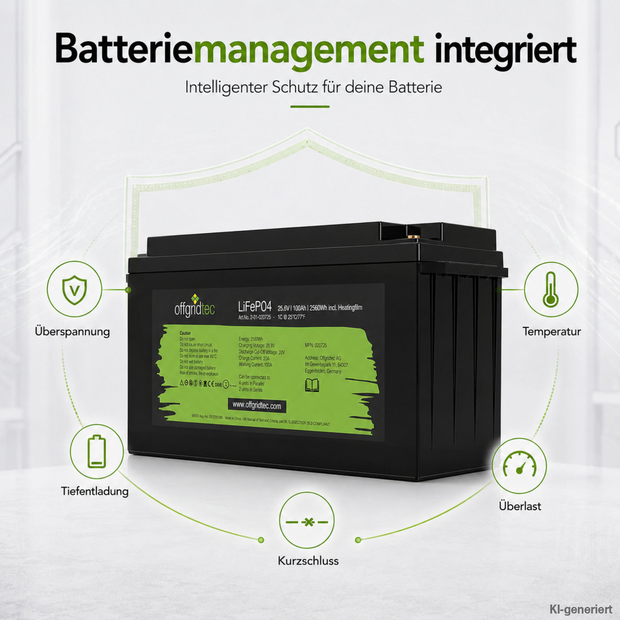 schwarze Offgridtec LiFePO4 Batterie mit Heizmatte 24V 100Ah integriertes Batteriemanagement