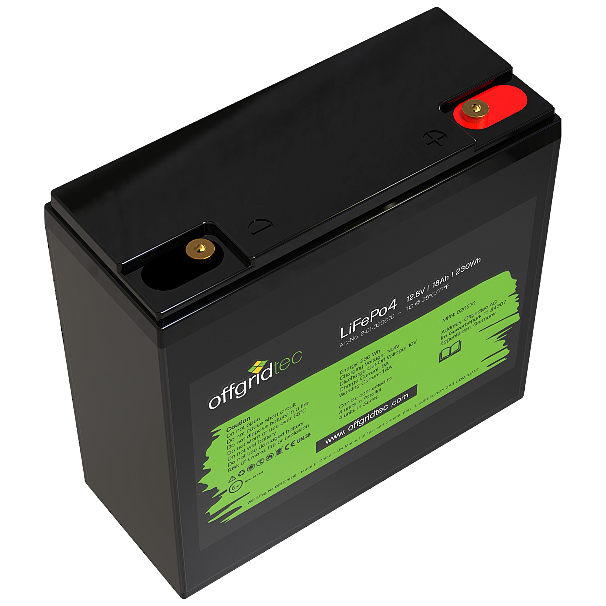 schwarze Offgridtec LiFePO4 Batterie 12V 18Ah Schrägansicht oben links
