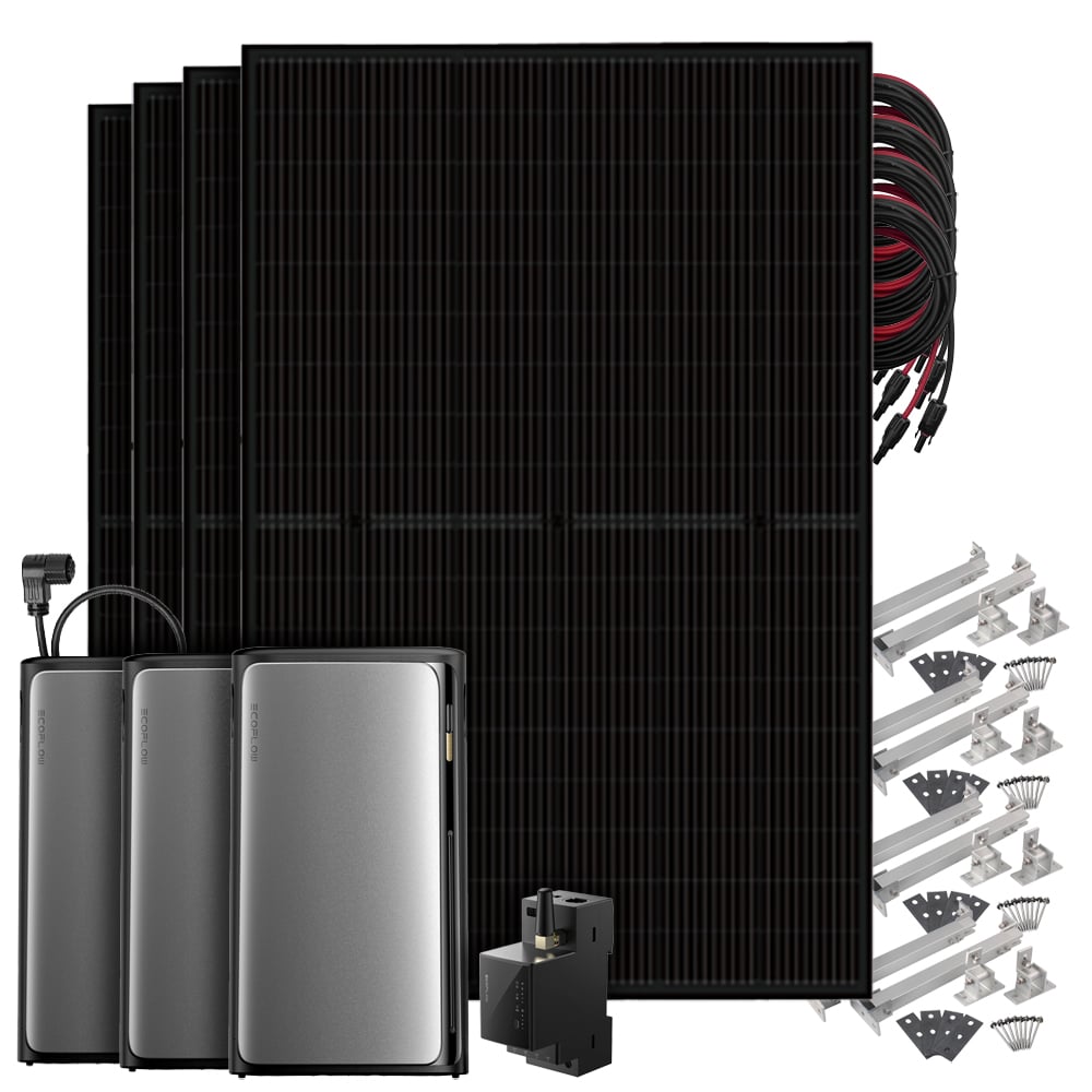 Setansicht: 4 Solarmodule, EcoFlow All-in-One Speichersystem, 2 AC Pro Batterien, Kabel, Stromzähler und Flachdach-Montageset