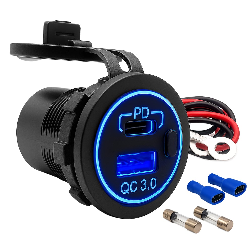 Schwarze USB-Einbausteckdose mit USB-A und USB-C-Anschluss, blauer LED-Beleuchtung, Kabeln, Sicherungen und Steckhülsen