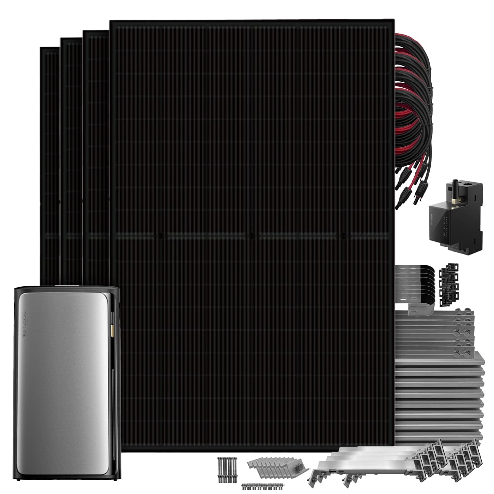 Setansicht: 4 Solarmodule, EcoFlow All-in-One Speicher System, 4 MC4-Kabel, Stromzähler und Balkongeländer-Montageset
