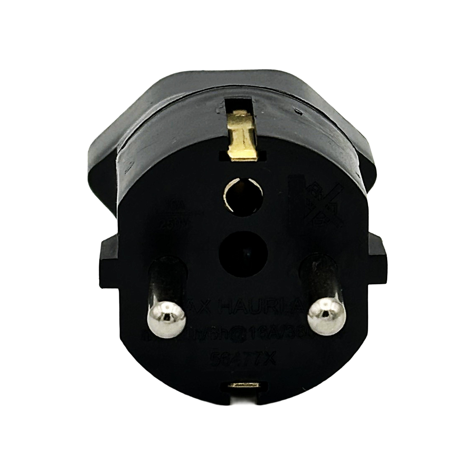 Schwarzer Adapter Schuko auf Typ 21 Ansicht Schuko-Anschlüsse