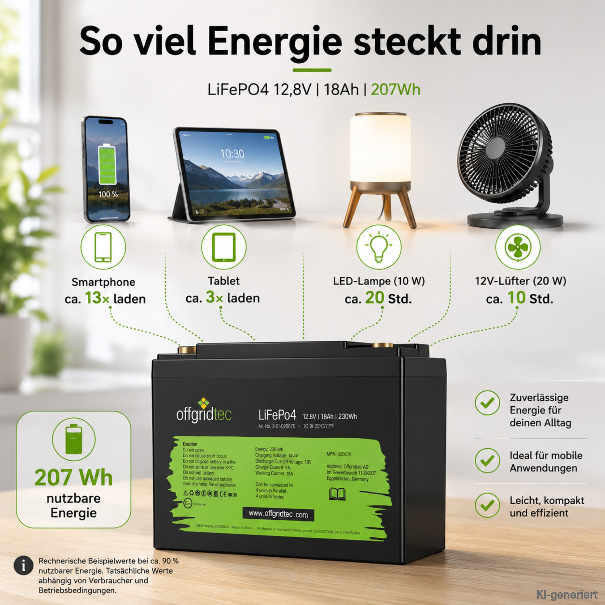 schwarze Offgridtec LiFePO4 Batterie 12V 18Ah Energieberechnung