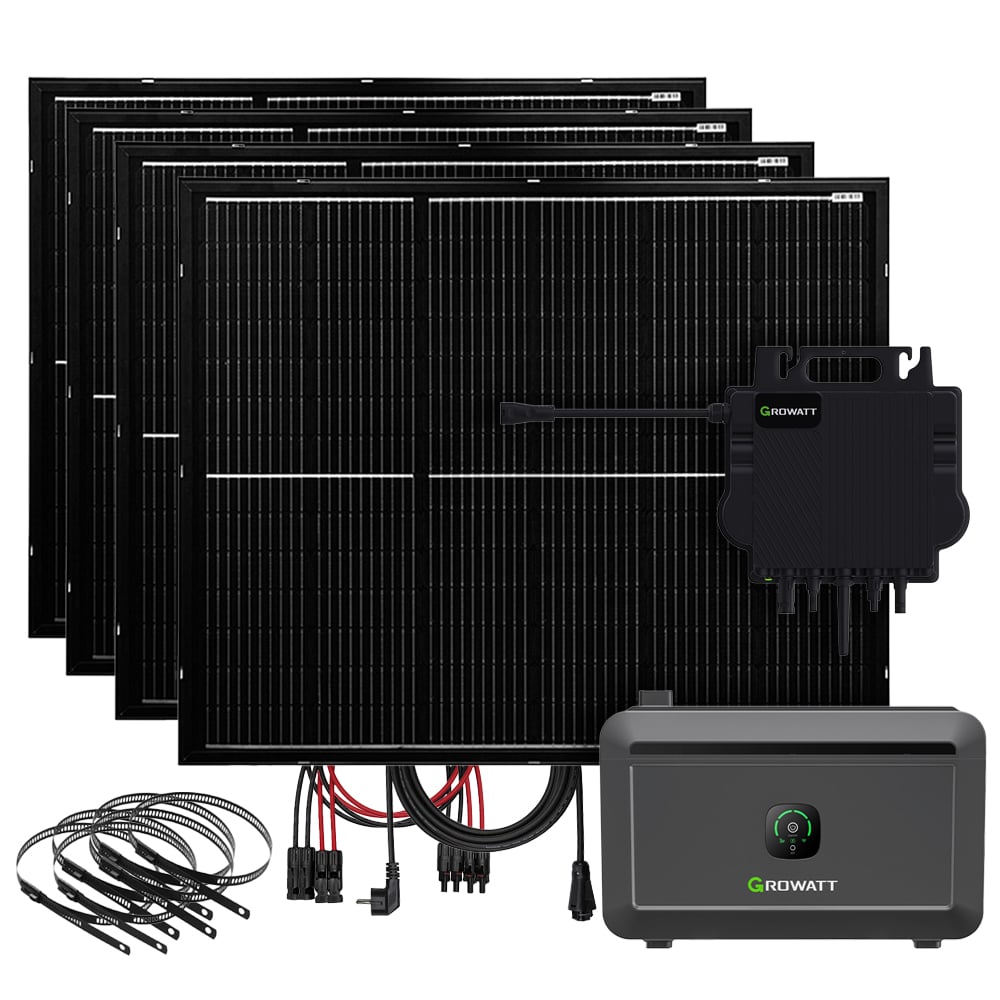 Setansicht: 4x Offgridtec Solarmodule, Kabelbinder, Growatt Inverter + Batteriemodul, Verbindungskabel