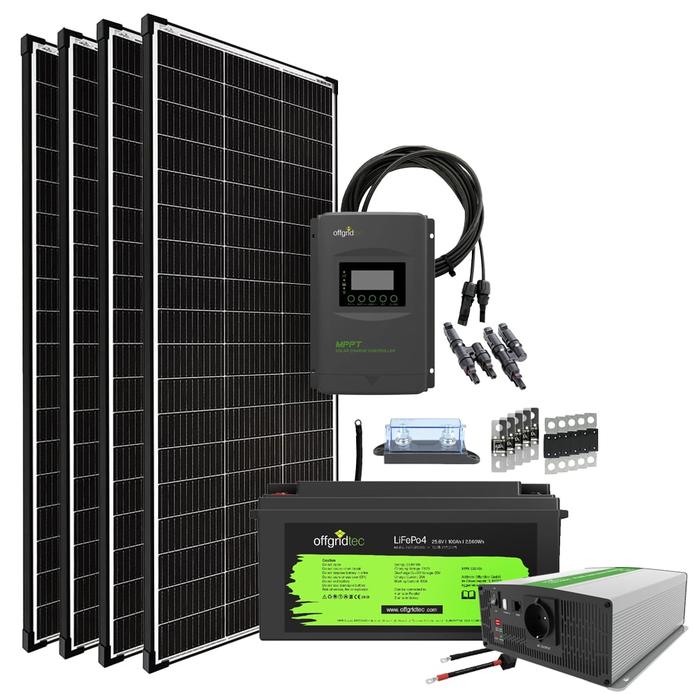 Solar-Komplettsystem mit 4 Solarpanels, Lithiumbatterie, MPPT-Laderegler, Sinus-Spannungswandler und umfangreichem Zubehör
