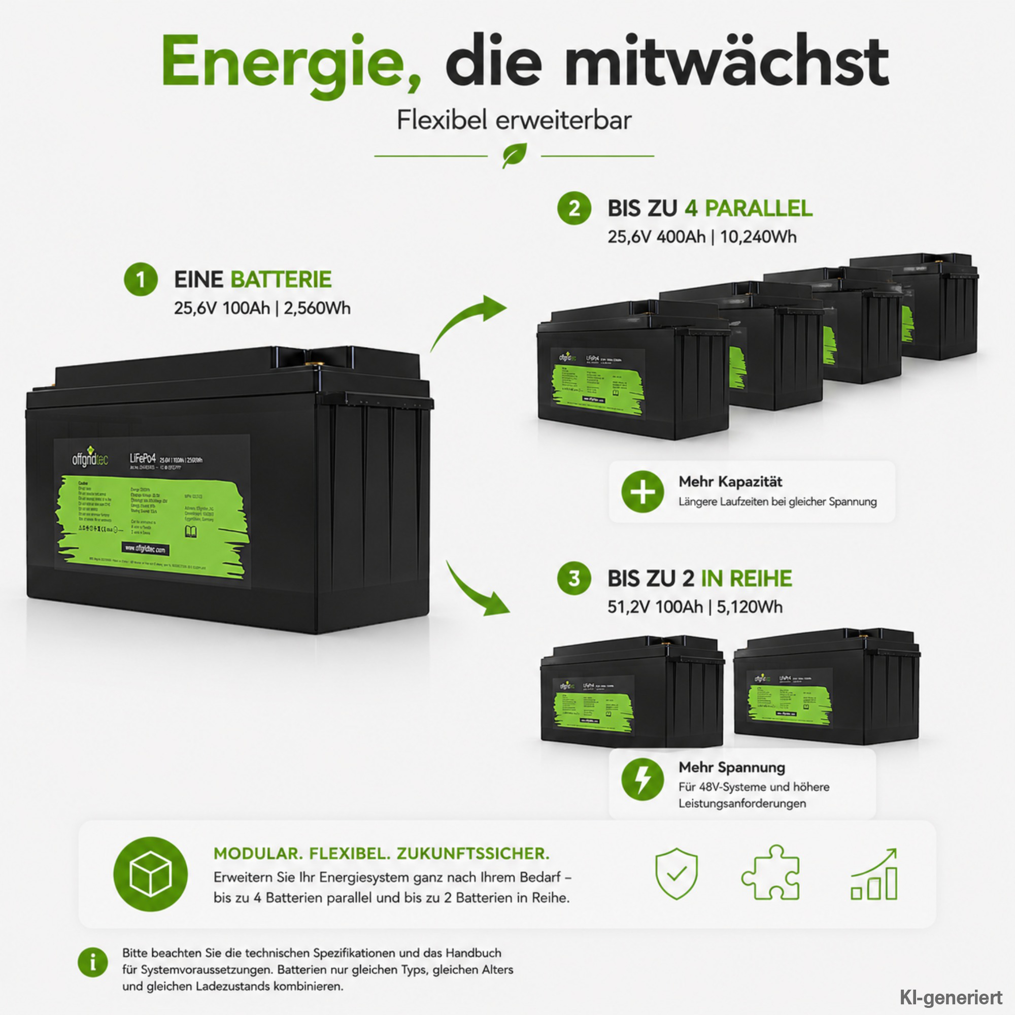 schwarze Offgridtec LiFePO4 Batterie 24V 100Ah Erweiterungsmöglichkeiten parallel und in Reihe