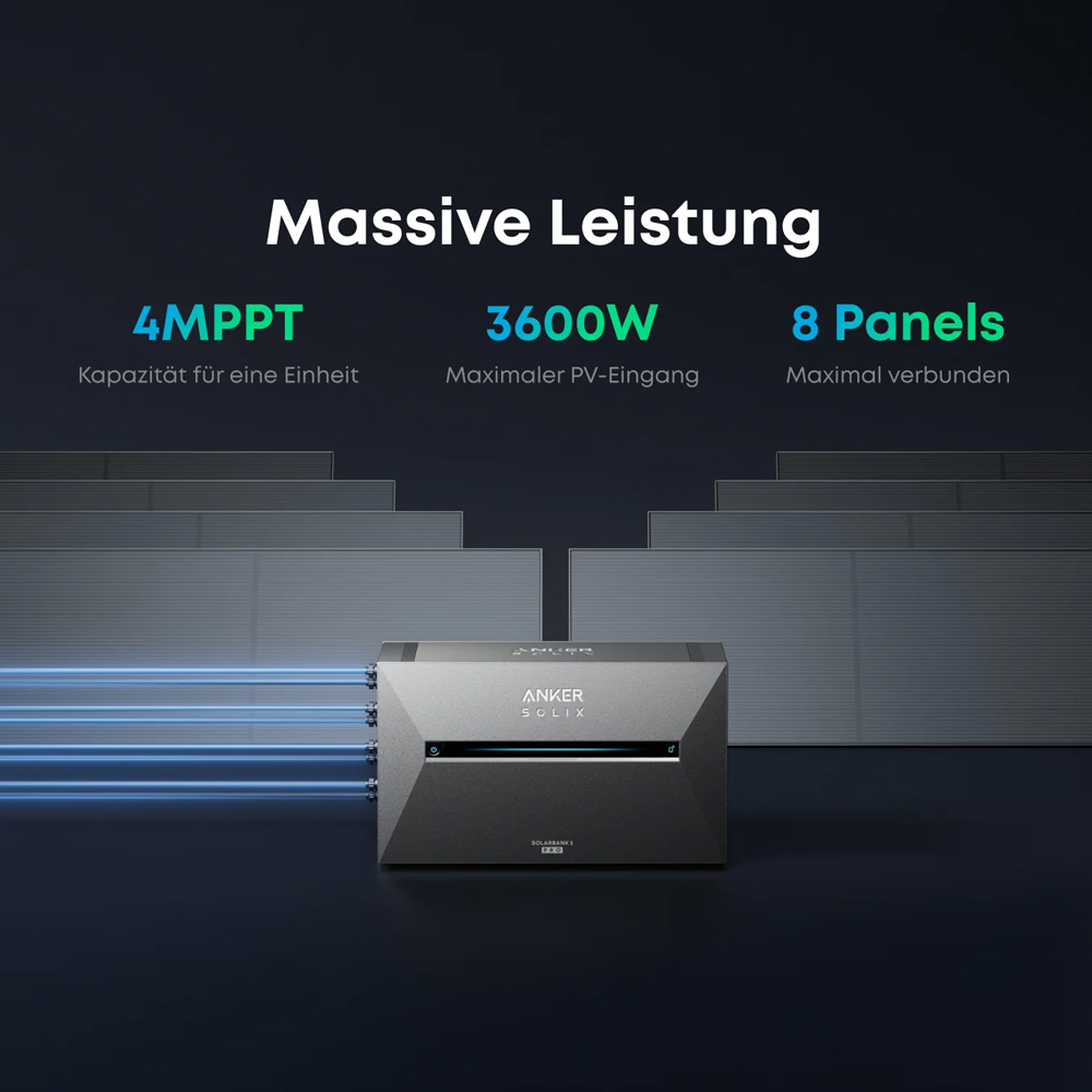 Infografik zur Anker SOLIX Solarbank: 4 MPPT, 3600 W PV-Eingang, bis zu 8 Solarmodule anschließbar