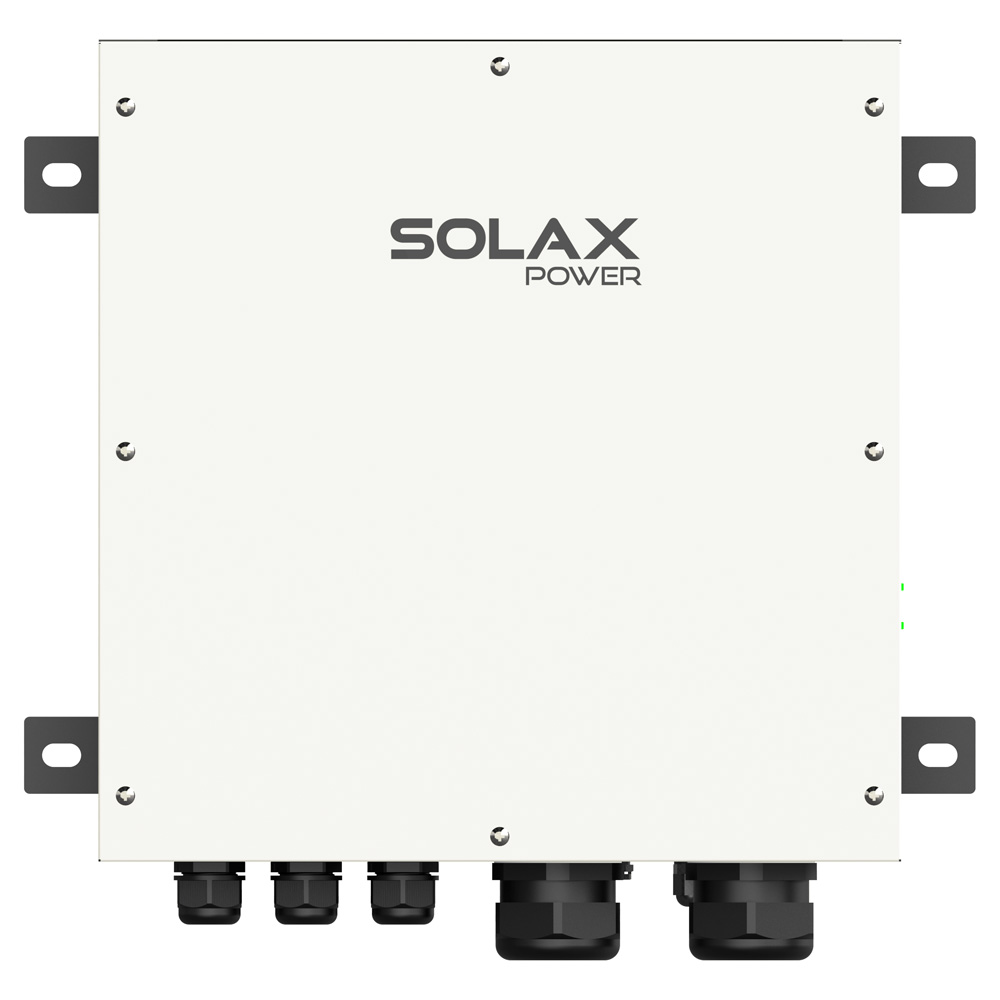 Frontansicht: Solax X3-PBOX-300kW-G2, rechteckig, weiß-schwarz, mit Montagehalterungen & Kabelverschraubungen