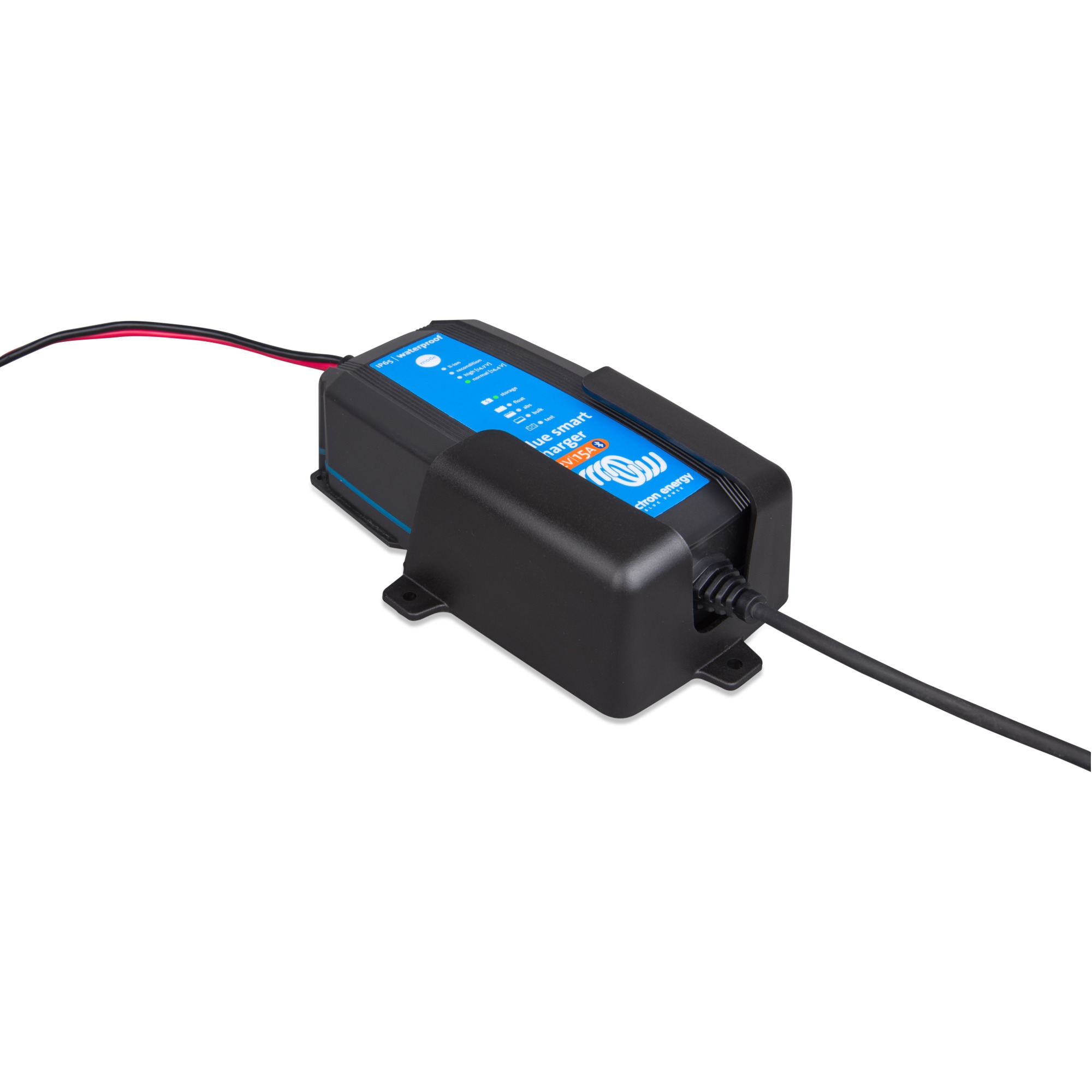 Victron Wandhalterung für Blue Smart IP65 Schrägansicht rechts mit Batterieladegerät als Beispiel