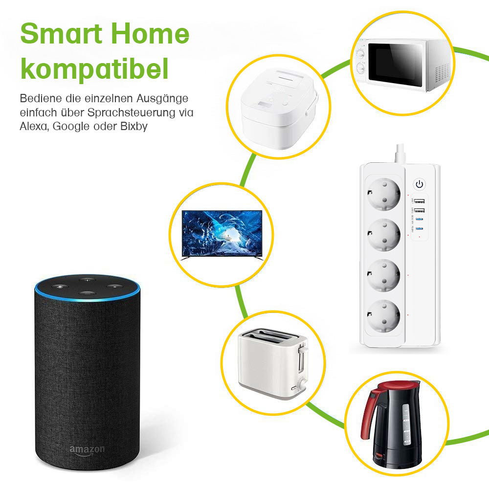 Offgridtec smart 4-way socket strip + 2x USB-A and 2x USB-C connection with Smart Life or Tuya app - 1.5m cable