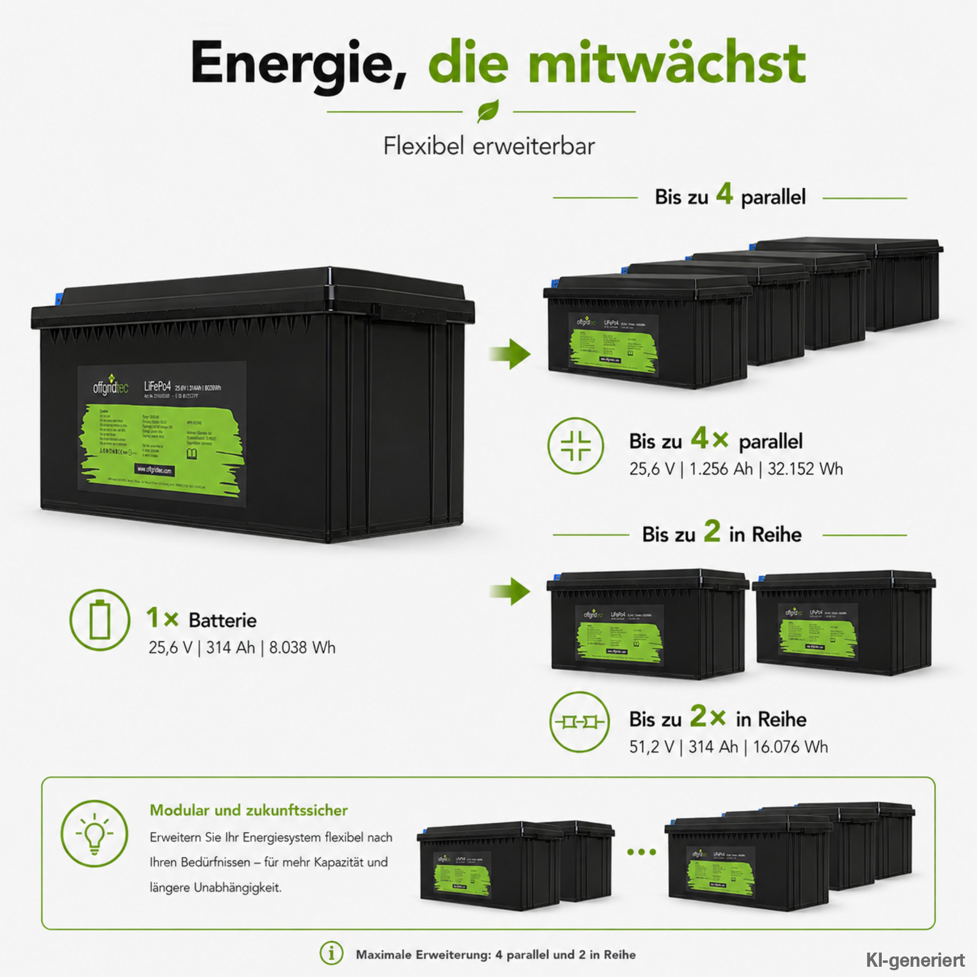 schwarze Offgridtec LiFePO4 Batterie 24V 314Ah Erweiterungsmöglichkeiten parallel und in Reihe