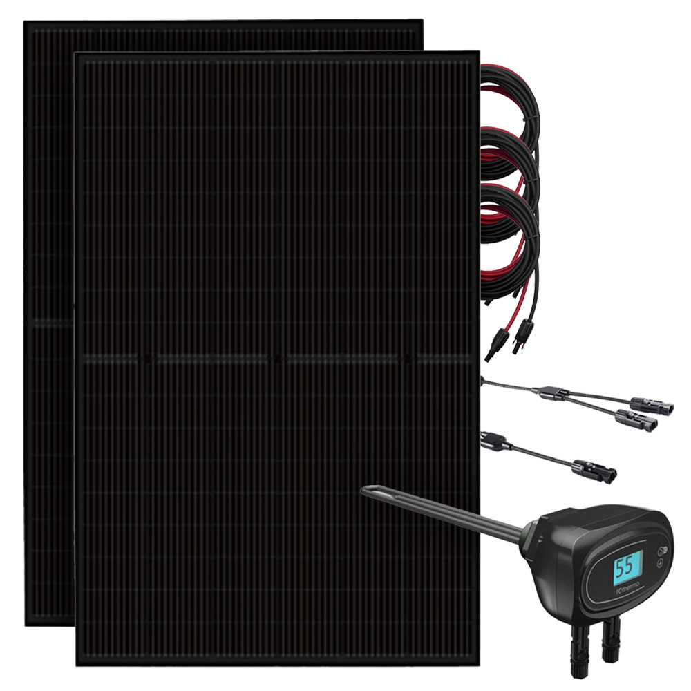 Setansicht: Zwei Full-Black Solarmodule, Heizstab, 3 MC4-Kabel und zwei Y-Abzweigbuchsen mit Verlängerung