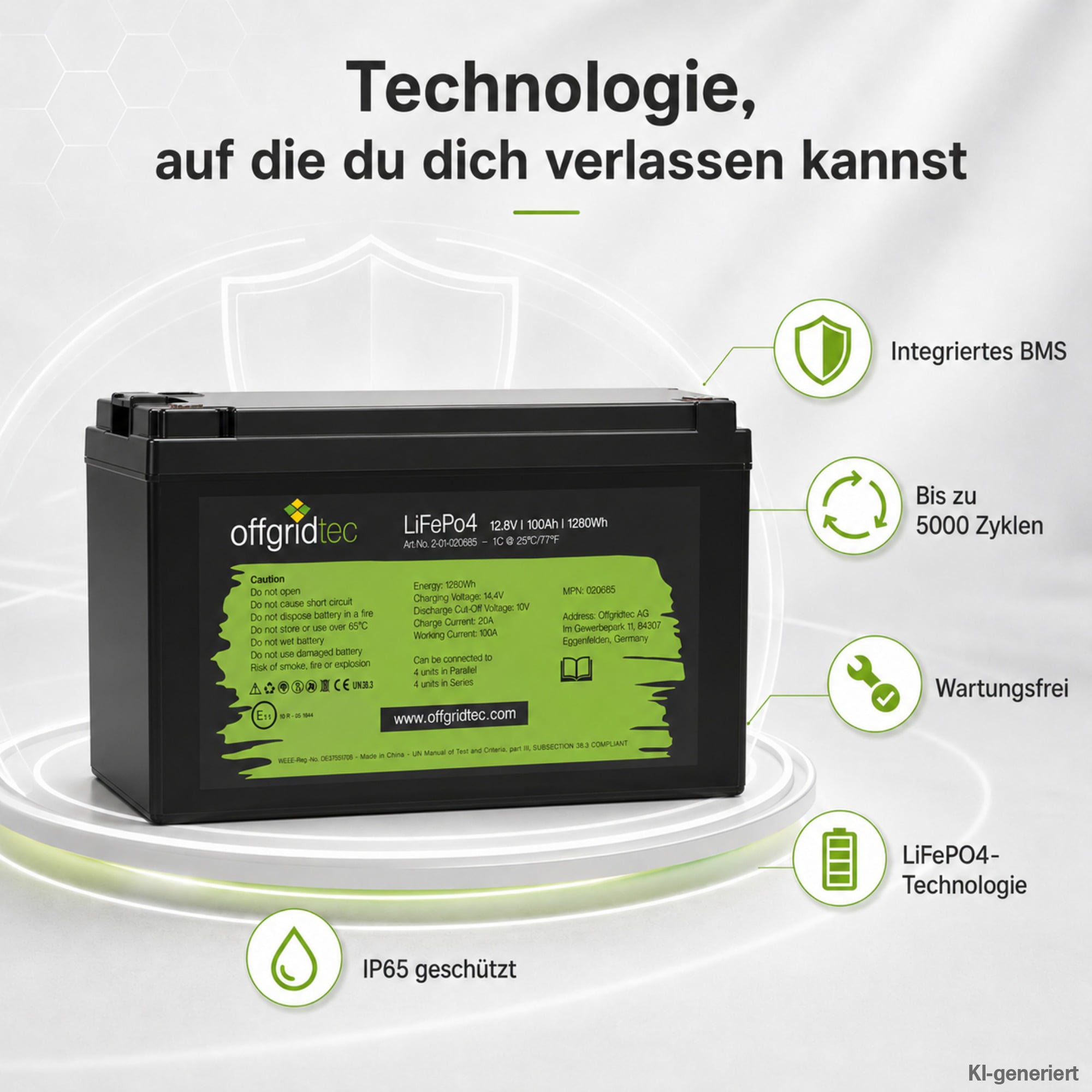 schwarze Offgridtec LiFePO4 Batterie 12V 100Ah Verkaufsargumente um Akku herum