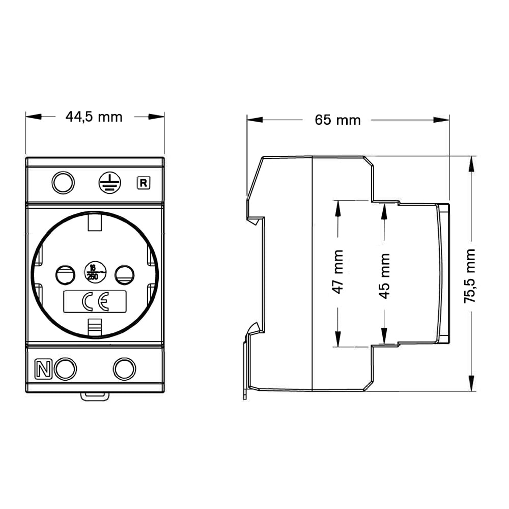 Technische Zeichnung: Abmessungen der Offgridtec Schuko-Steckdose für Hutschienenmontage