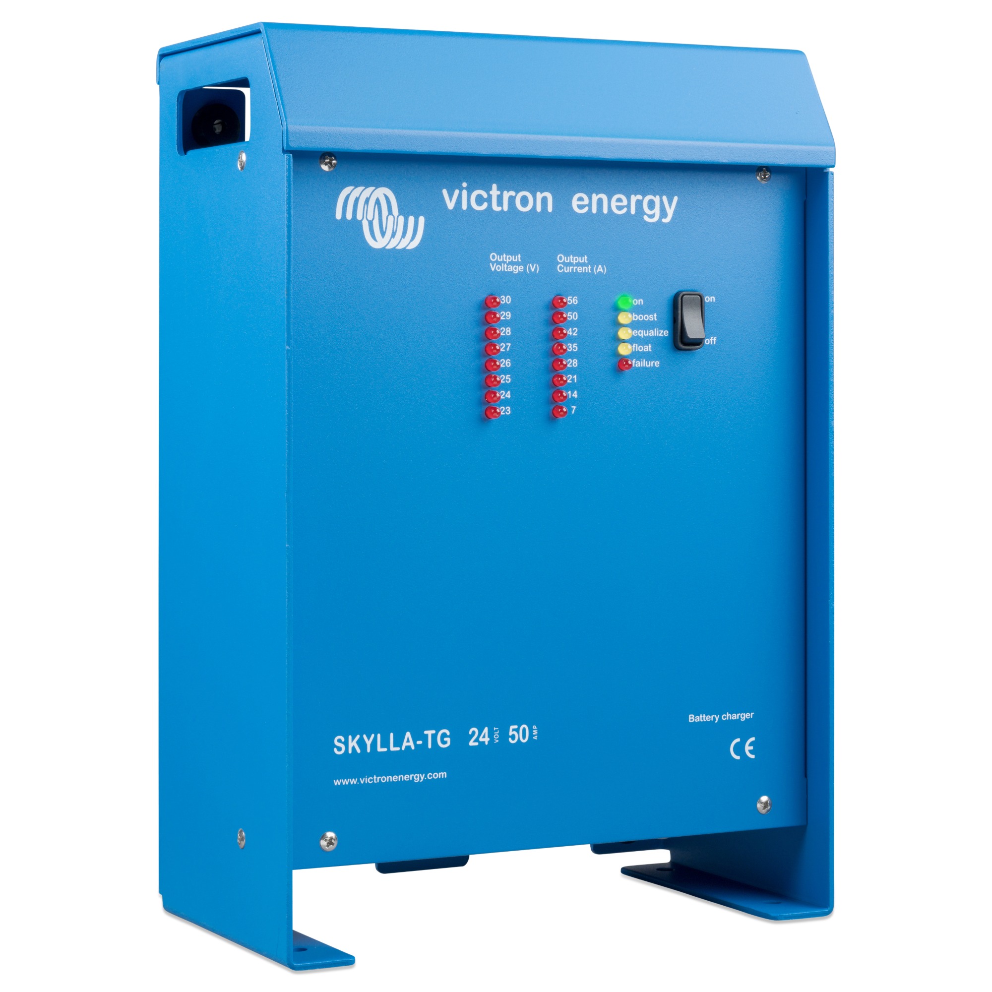 blaues Victron Batterieladegerät Skylla-TG 24/50 schräge Frontansicht links