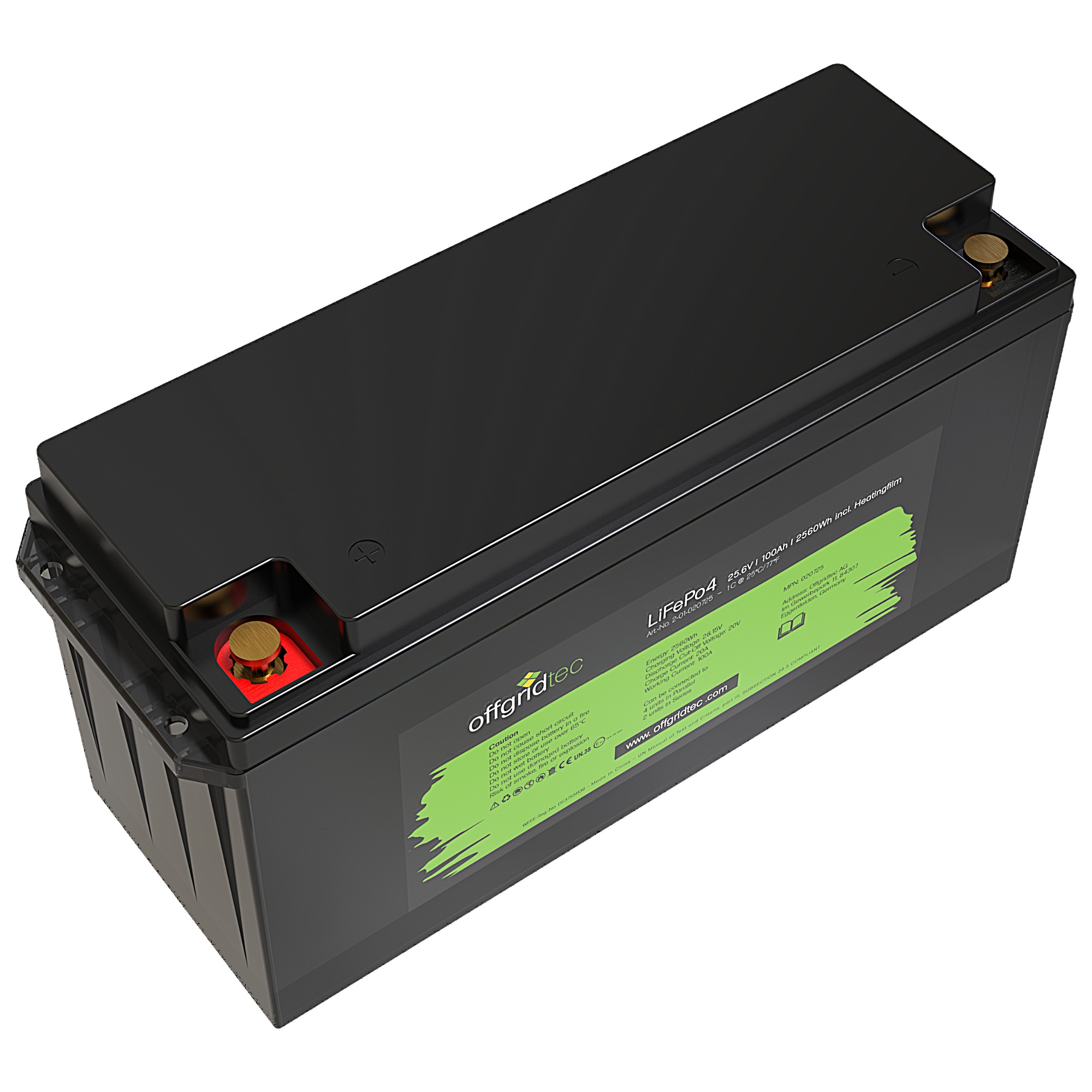schwarze Offgridtec LiFePO4 Batterie mit Heizmatte 24V 100Ah Schrägansicht oben links