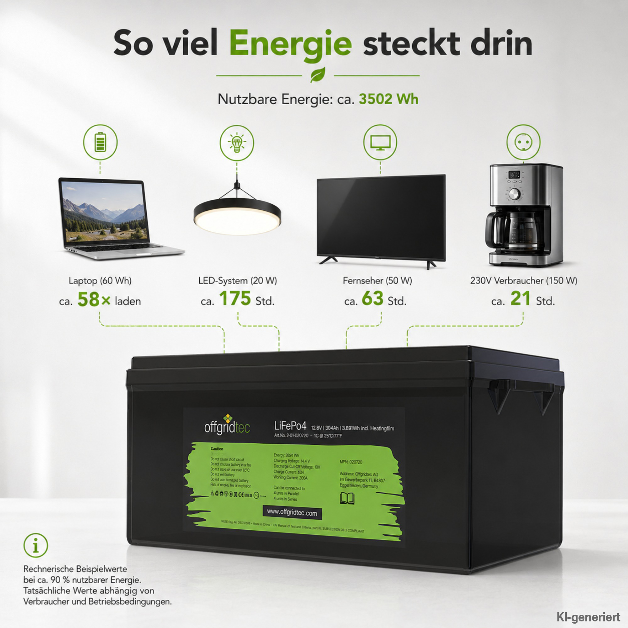 schwarze Offgridtec LiFePO4 Batterie 12V 304Ah mit Heizmatte Energieberechnung