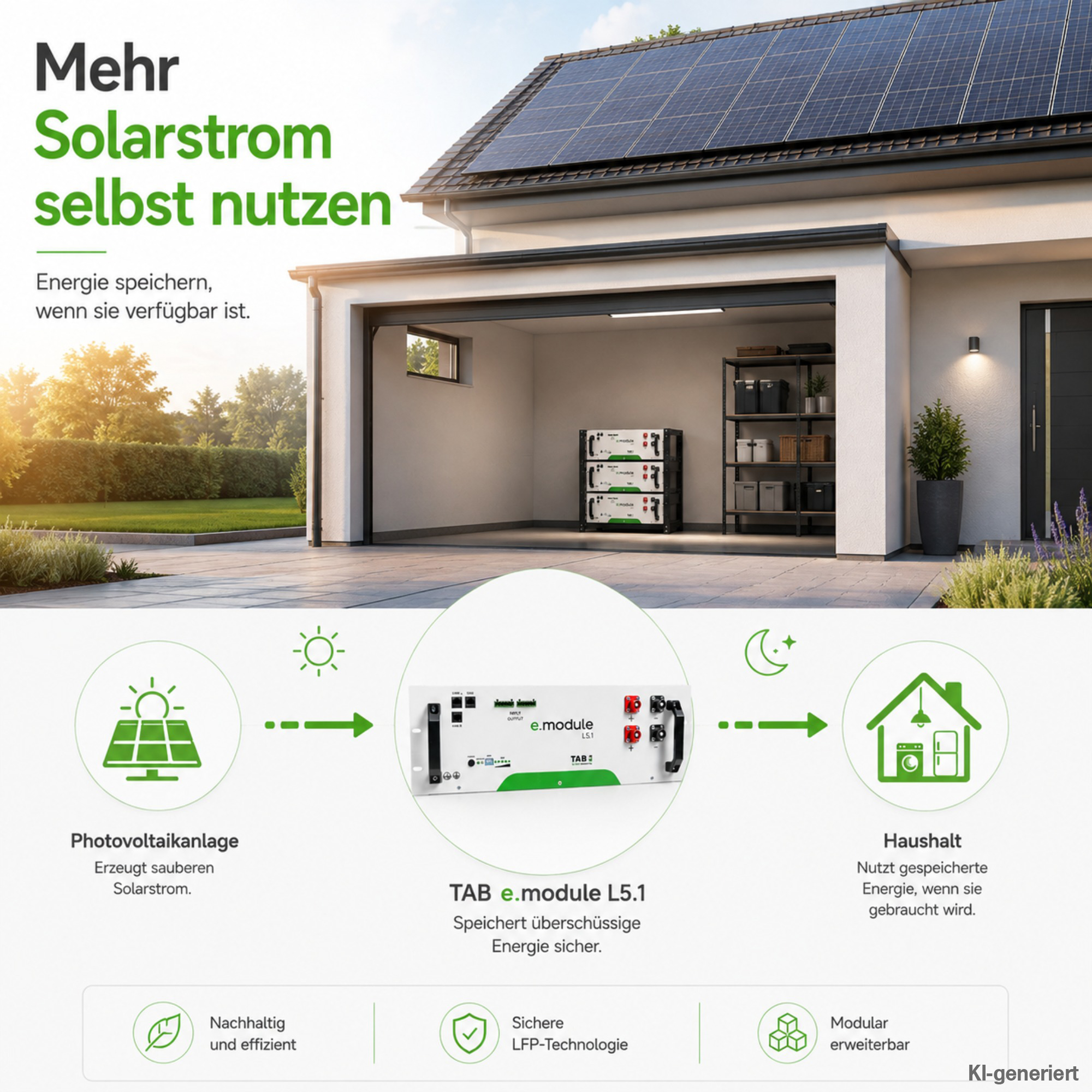 Turm mit weißen Batteriemodulen in Garage am Haus